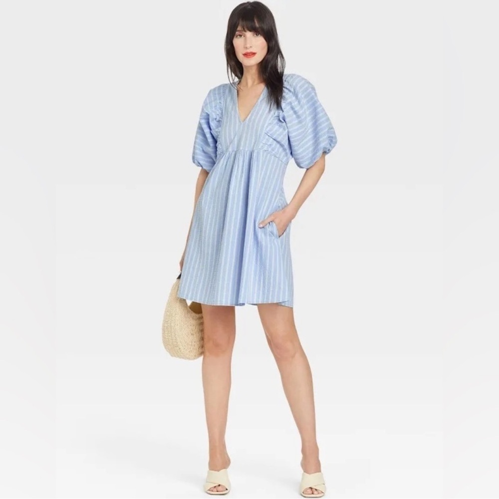 A New Day | Puff Short Sleeve Dress | Cinderella Blue Stripe | Size L